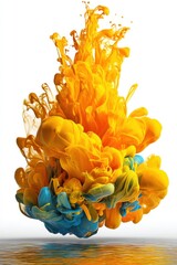 Poster - Ethereal dance of yellow and blue acrylic paint explosion in water creating mesmerizing abstract forms and fluid motion on white background with reflection