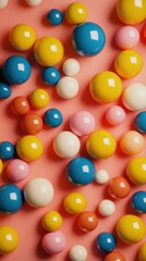 Aufkleber - Colorful spheres arranged on a light pink background creating a playful and cheerful mood with a soft light and a high angle shot for a vibrant visual appeal