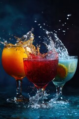 Poster - Captivating splash photography of vibrant cocktails in elegant glasses against a dark backdrop creating a dynamic and refreshing visual experience for summer celebrations