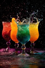 Poster - Colorful cocktails with splashing water creating a vibrant and refreshing summer mood on a dark background capturing the essence of celebration and enjoyment