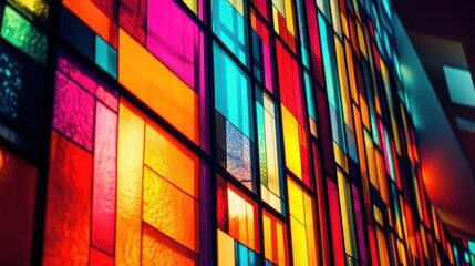 Poster - Vibrant stained glass window art with colorful geometric patterns creating a bright and modern artistic background, showcasing light and architectural design in a contemporary style