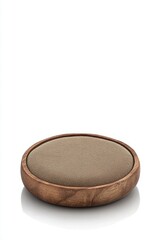 Poster - Elegant wooden tray with soft brown cushion against a clean white backdrop showcasing minimalist design and natural textures ideal for product presentation