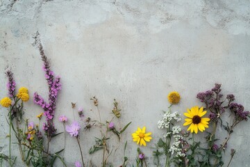 Poster - Floral Arrangement on Concrete Background with Yellow and Purple Wildflowers for Spring Design