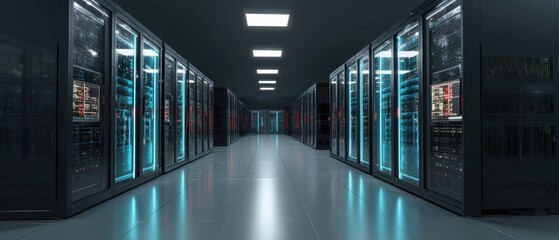 Aufkleber - Data center server room with rows of rack cabinets hosting computer and network equipment for data storage and processing with blue light illumination and dark background