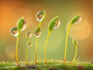 Poster - Enchanting macro shot of moss sporophytes adorned with glistening water droplets reflecting a serene landscape capturing nature's intricate beauty and tranquility