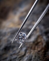 Poster - Radiant cut diamond held in tweezers against a blurred stone background showcasing brilliance and clarity for jewelry design and investment with a macro lens