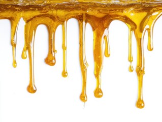 Poster - Viscous golden liquid dripping down a white surface creating a mesmerizing abstract pattern honey caramel syrup amber texture detail close up studio shot macro