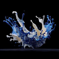 Aufkleber - Dynamic splash of blue and white liquid against black backdrop creating artistic abstract form and motion captivating visual impact for creative projects and designs