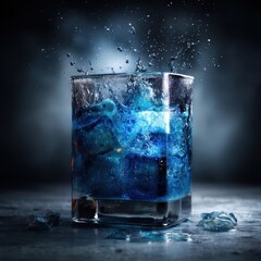 Poster - Captivating close up of a refreshing blue cocktail with ice cubes splashing against a dark backdrop creating a dynamic and visually stunning composition
