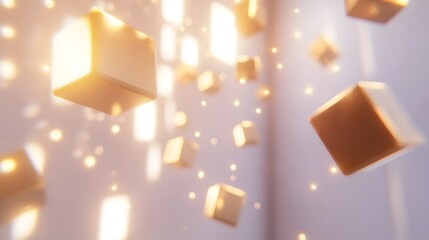 Poster - Glowing gold cubes float in a soft, light-filled space.  A dreamy, abstract image perfect for technology, luxury, or modern design concepts.