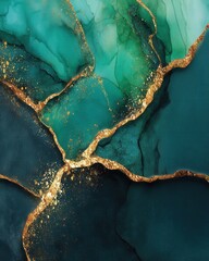 Poster - Elegant abstract art featuring fluid teal and deep green hues with shimmering gold accents creating a luxurious and modern design for backgrounds and creative projects