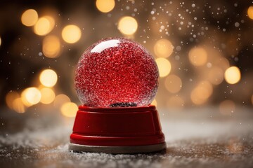 Poster - Festive red glitter snow globe on snowy surface with blurred golden bokeh lights background capturing holiday magic and winter season charm for stock photo use