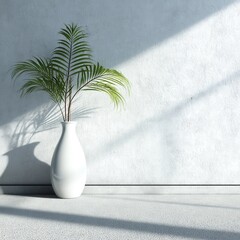 Poster - Serene indoor scene featuring a palm plant in a white vase against a textured wall bathed in sunlight casting shadows creating a minimalist and modern aesthetic