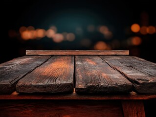 Poster - Rustic wooden table surface against a blurred city lights backdrop creating a warm inviting atmosphere perfect for product display or background use with a dark moody style