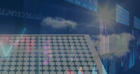 Poster - Financial data visualization being animated in virtual scene with 3D hex grid and scrolling charts