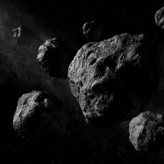 dramatic asteroids in the vast expanse of space with distant stars and cosmic dust creating a moody 