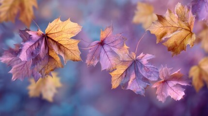 Poster - Ethereal maple leaves in autumnal hues with soft focus background creating a serene and dreamy fall atmosphere perfect for seasonal designs and artistic projects