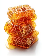 Poster - Golden honeycomb stack glistening on white surface a natural sweet treat from bees healthy and delicious food source close up studio shot with bright light
