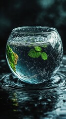 Poster - Glass bowl filled with water and mint leaves creating a refreshing and calming atmosphere with ripple effect and dark background, capturing a sense of tranquility
