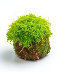 Poster - Vibrant green aquatic moss ball plant close up on white background showcasing unique texture and organic form ideal for aquarium decoration and nature photography