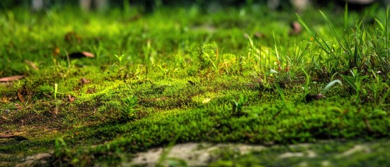 Poster - Lush green moss and vibrant grass create a serene natural scene perfect for background texture or illustrating environmental concepts with a shallow depth of field