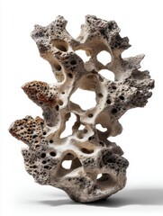 Poster - Porous rock formation on white background showcasing intricate textures and organic shapes in studio shot with soft lighting for geological study