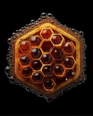Poster - Honeycomb structure filled with dark amber liquid and surrounded by glistening bubbles on black background