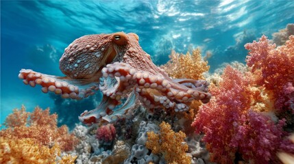 Aufkleber - Majestic octopus glides gracefully through crystal-clear waters, surrounded by a kaleidoscope of colorful coral reefs. The lively marine scene captures the essence of underwater ecosystems