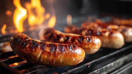 Wall Mural - Sizzling sausages on the grill with flames and smoke creating a delicious and tempting barbecue scene perfect for summer cookouts and food photography
