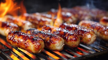 Wall Mural - Sizzling sausages cooking on a grill with flames licking the meat creating a delicious barbecue experience with tasty grilled food and mouthwatering aroma