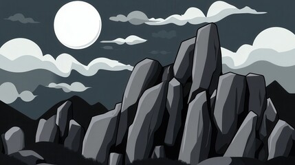 Wall Mural - Serene night landscape with imposing rocky mountains under a bright full moon and soft clouds creating a peaceful and mysterious atmosphere in monochrome shades