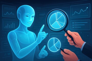 Poster - AI-powered Data Analysis: An advanced AI avatar engaging in analytical insights with magnifying glass and data visualization elements. Presenting the future of data analysis in a futuristic setting.