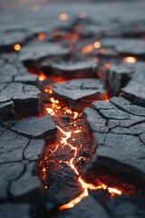 Poster - Dramatic close up of molten lava flowing through cracked earth with intense heat and fiery glow creating a surreal and powerful landscape with a shallow depth of field