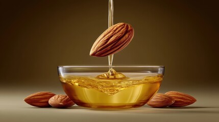 Poster - Almond oil pouring into clear bowl with almonds around it on brown background in studio shot with soft light and healthy concept for stock photo