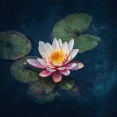 Poster - Elegant water lily with pink petals and yellow center surrounded by green leaves in dark water