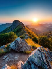 Wall Mural - Breathtaking Sunrise Over Majestic Mountain Ridge with Golden Light Illuminating the Rugged Landscape and Rolling Hills in the Distance Creating a Serene and Peaceful Atmosphere