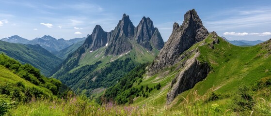 Wall Mural - Majestic mountain peaks pierce the sky above lush green valleys a breathtaking panorama of nature's grandeur a serene and idyllic landscape under a bright blue sky
