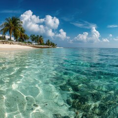 Poster - Tropical paradise vista of turquoise ocean water meeting a pristine sandy beach with palm trees under a bright blue sky with fluffy white clouds