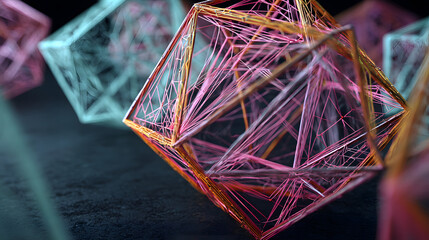 Poster - Geometric Wireframe: A mesmerizing collection of colorful geometric wireframe forms, intricately interwoven, create a visually stunning display of shapes and structures, perfect for scientific.