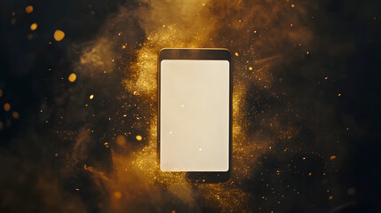 Poster - Smartphone in Golden Dust: A modern smartphone with a blank white screen is dramatically presented, enveloped in a swirling cloud of golden dust particles.