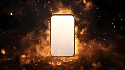 Poster - Fiery Smartphone: A modern smartphone engulfed in flames, showcasing its resilience and power against a dark, smoky backdrop. The blank screen offers space for your message or design.