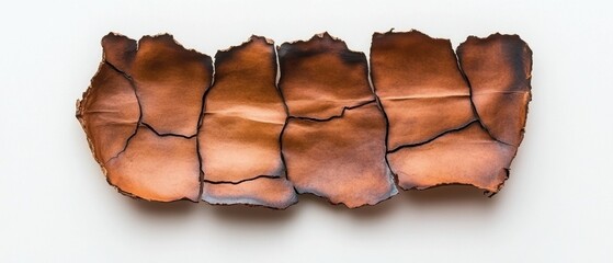 Poster - Charred paper fragments with cracked texture on white background showcasing burnt edges and unique patterns for creative design and artistic expression