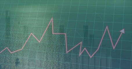 Poster - Pink zigzag line graph running over calm water surface, displaying transparent grid and bar charts