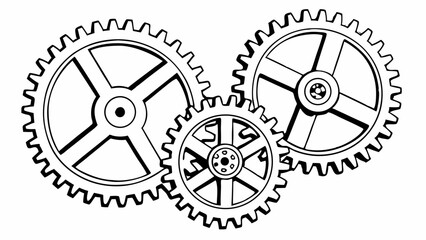 Poster - Illustration of three interlocking gears with visible teeth and internal support structures in black and white created with generated ai