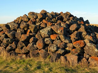 Poster - Breathtaking stone pile bathed in warm light against a clear blue sky creating a serene rural landscape with a natural rock formation on a sunny day