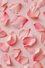 Poster - Delicate pink petals scattered on textured paper creating a romantic floral background for spring season, soft light, top view, gentle mood, and minimalist style