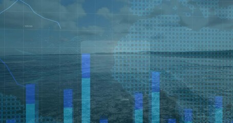 Poster - Open ocean seascape showing blue bar charts, light blue line graph with translucent grid overlay