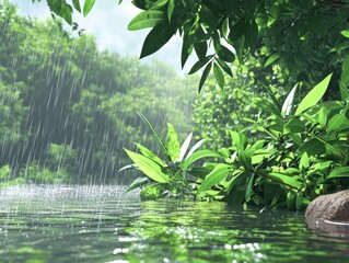 Poster - Lush green foliage and tranquil water surface reflecting the rain in a serene forest scene capturing the essence of nature and the beauty of a rainy day