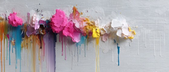Poster - Vibrant floral impressionism oil painting featuring bold pinks yellows and whites on textured canvas creating a modern abstract art piece with dripping paint