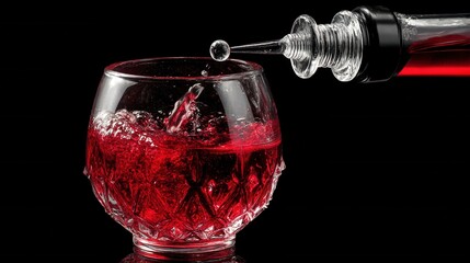 Poster - Elegant crystal glass filled with vibrant red liquid being poured from a clear glass bottle against a dark backdrop creating a dynamic and visually appealing composition